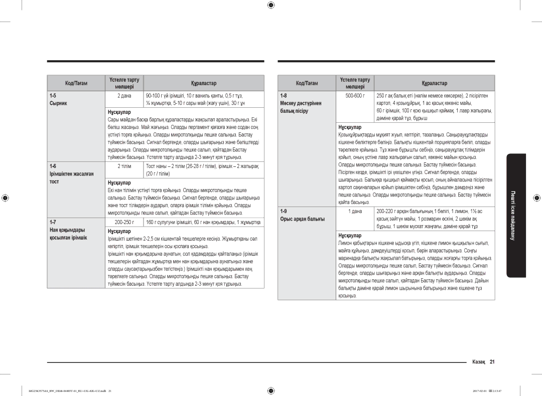 Samsung MG23K3575AS/BW Сырник, Тост Нұсқаулар, Нан қоқымдары Нұсқаулар Қосылған ірімшік, Мәскеу дәстүрімен, Балық пісіру 