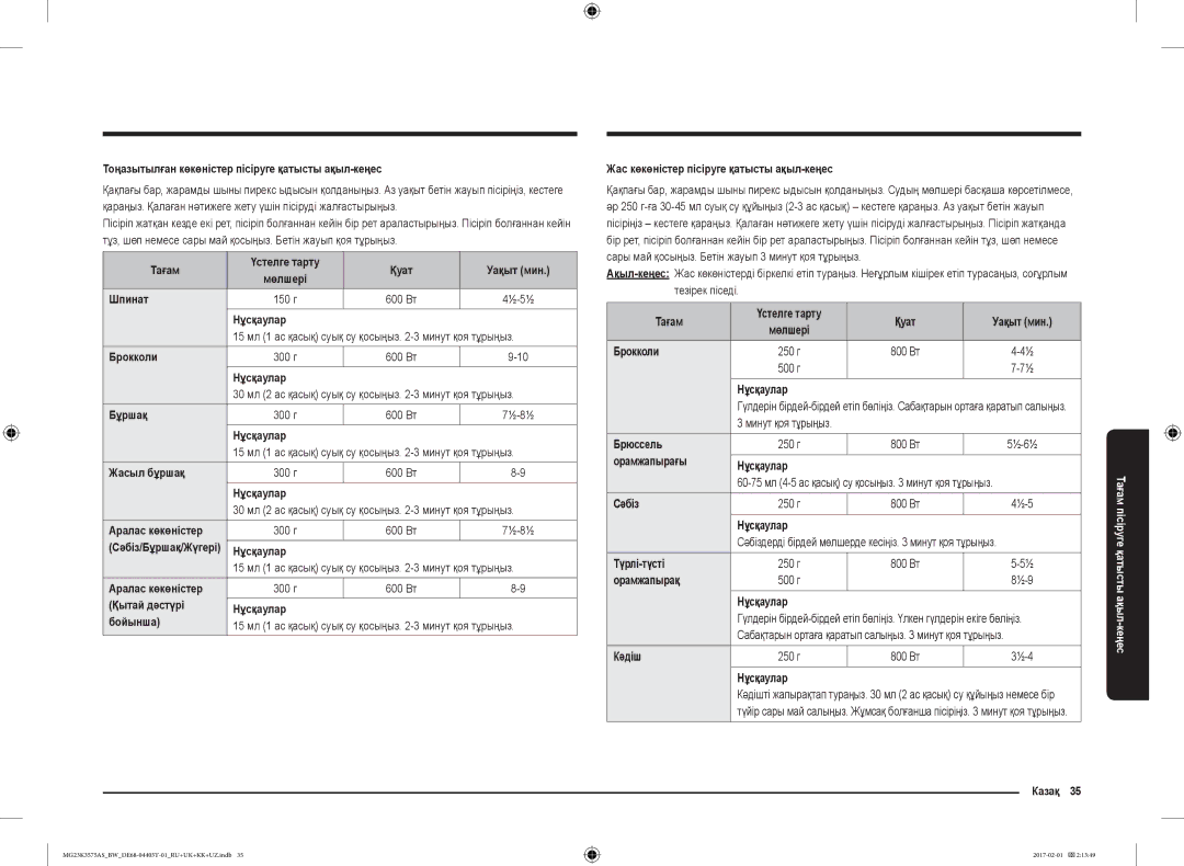 Samsung MG23K3575AS/BW Тоңазытылған көкөністер пісіруге қатысты ақыл-кеңес, Тағам Үстелге тарту Қуат Уақыт мин, Бұршақ 