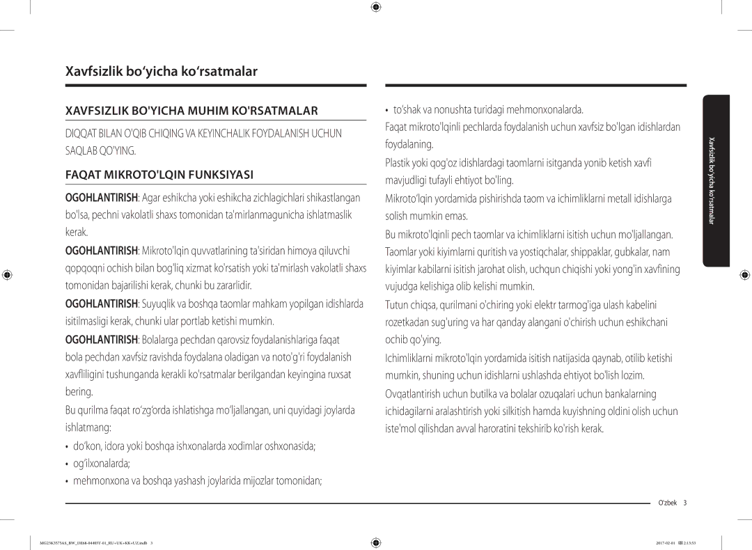 Samsung MG23K3575AS/BW, MG23K3575AK/BW manual Xavfsizlik bo‘yicha ko‘rsatmalar, Ozbek  