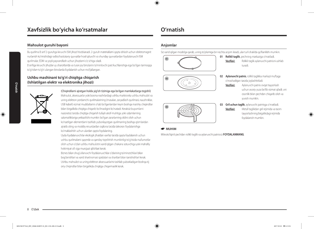 Samsung MG23K3575AK/BW manual ‘rnatish, Mahsulot guruhi bayoni, Anjomlar, Gril uchun taglik, aylanuvchi patnisga ornatiladi 