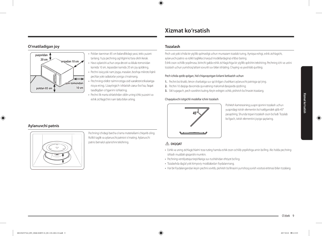 Samsung MG23K3575AS/BW, MG23K3575AK/BW manual Xizmat ko‘rsatish, ‘rnatiladigan joy, Tozalash, Aylanuvchi patnis, Diqqat 