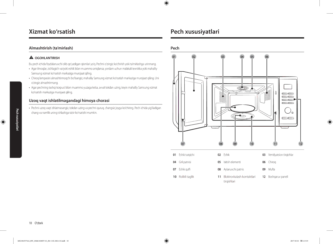 Samsung MG23K3575AK/BW manual Pech xususiyatlari, Almashtirish ta’mirlash, Uzoq vaqt ishlatilmagandagi himoya chorasi 