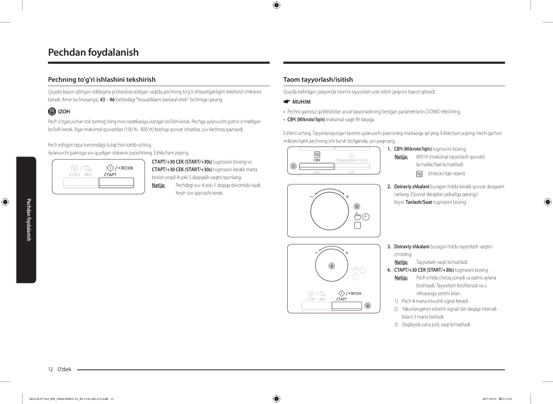 Samsung MG23K3575AK/BW, MG23K3575AS/BW manual Pechning togri ishlashini tekshirish, Taom tayyorlash/isitish, Izoh 