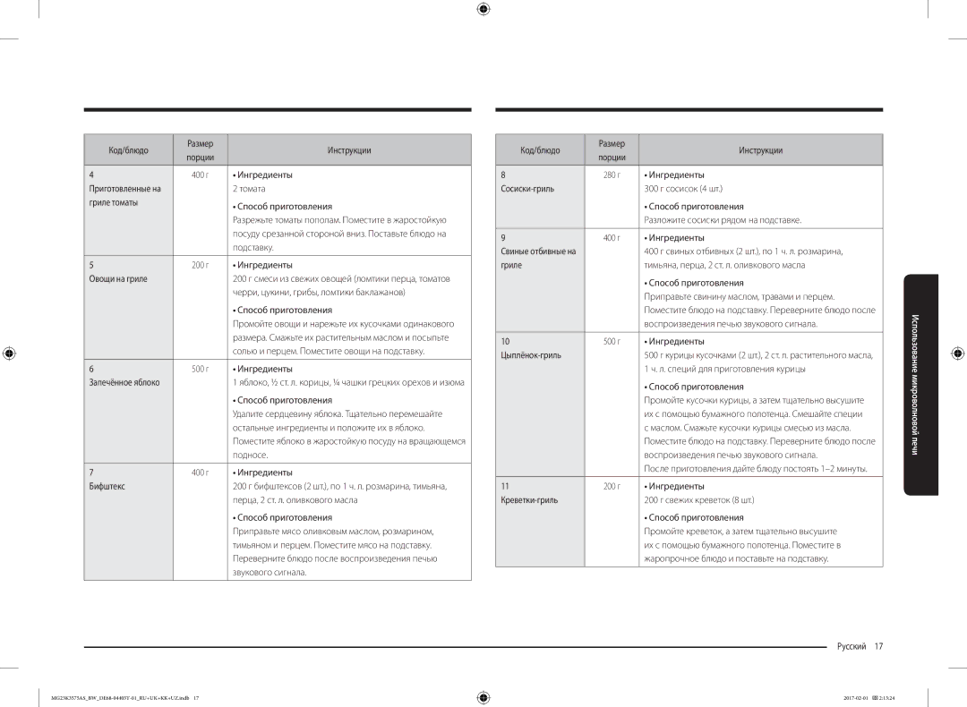 Samsung MG23K3575AS/BW Код/блюдо Размер Инструкции, Томата, Гриле томаты Способ приготовления, Подставку, Овощи на гриле 
