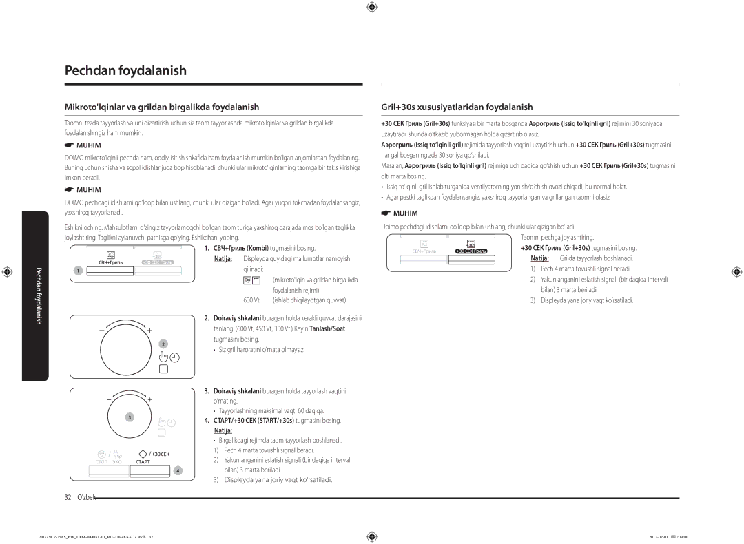 Samsung MG23K3575AK/BW manual Mikrotolqinlar va grildan birgalikda foydalanish, Gril+30s xususiyatlaridan foydalanish 