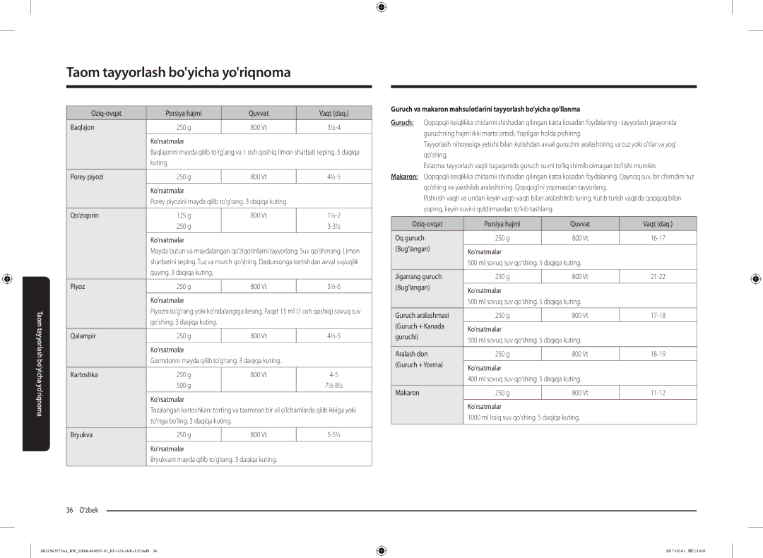 Samsung MG23K3575AK/BW Oziq-ovqat Porsiya hajmi Quvvat Vaqt daq Baqlajon 250 g, Kuting Porey piyozi 250 g, Qoziqorin 125 g 