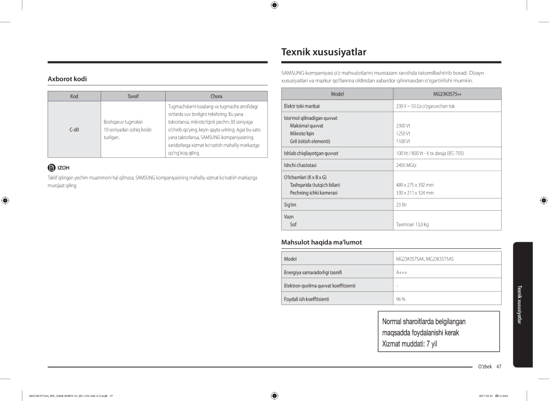Samsung MG23K3575AS/BW, MG23K3575AK/BW manual Texnik xususiyatlar, Axborot kodi, Mahsulot haqida ma’lumot 
