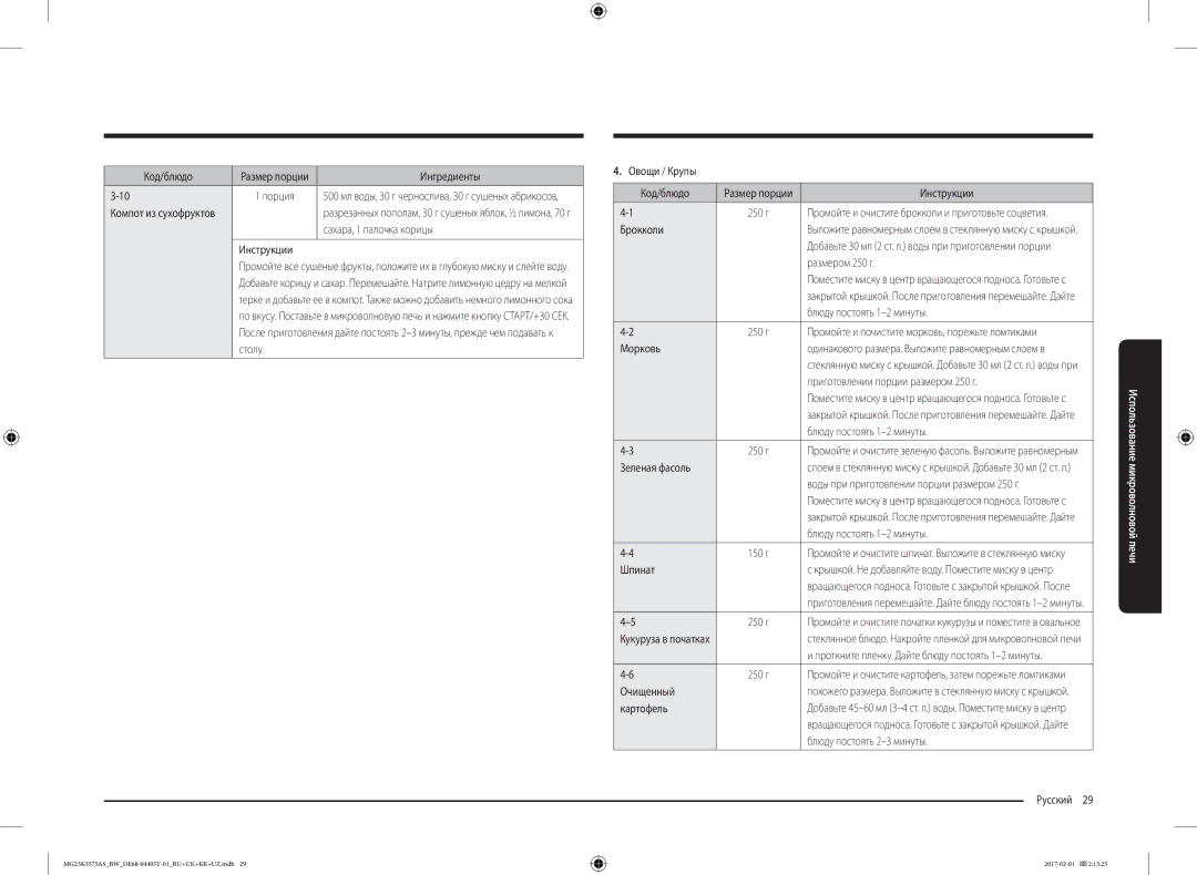 Samsung MG23K3575AS/BW manual Сахара, 1 палочка корицы, Овощи / Крупы Код/блюдо, Брокколи, Размером 250 г, Морковь, Шпинат 