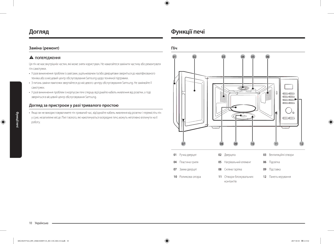 Samsung MG23K3575AK/BW manual Функції печі, Заміна ремонт, Догляд за пристроєм у разі тривалого простою, Піч, Попередження 