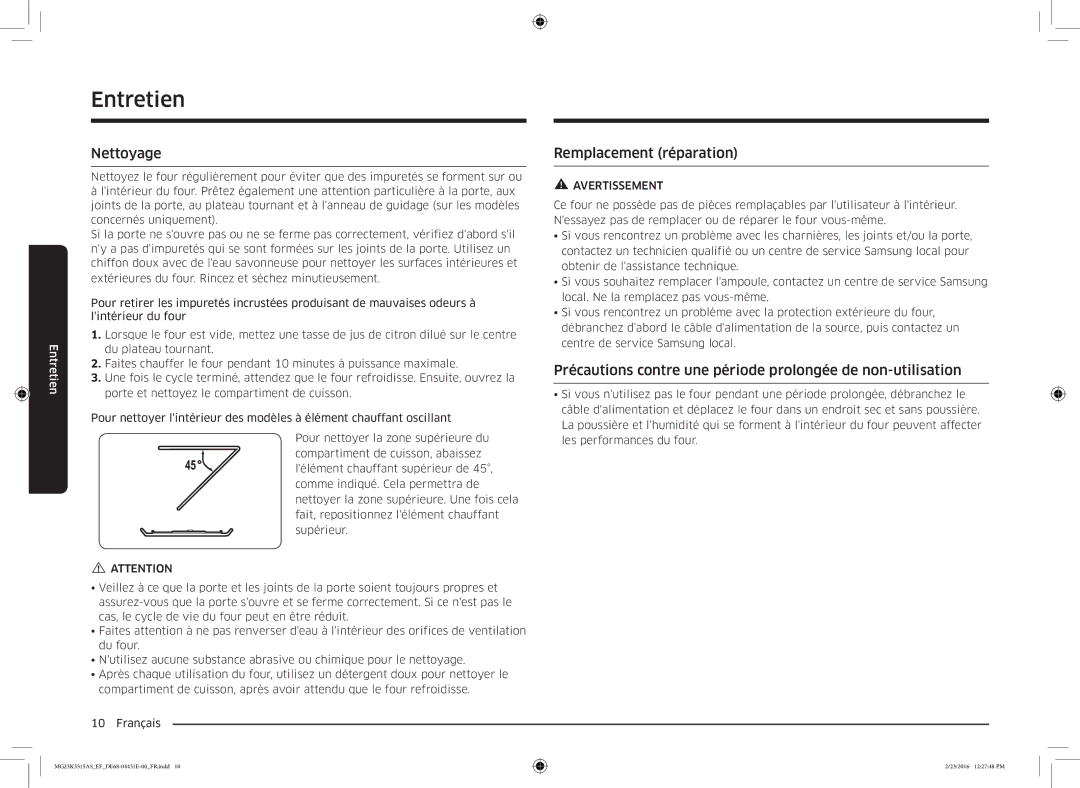 Samsung MG23K3575AW/EF, MG23K3575AK/EF, MG23K3515AK/EF, MG23K3515AW/EF manual Entretien, Nettoyage, Remplacement réparation 