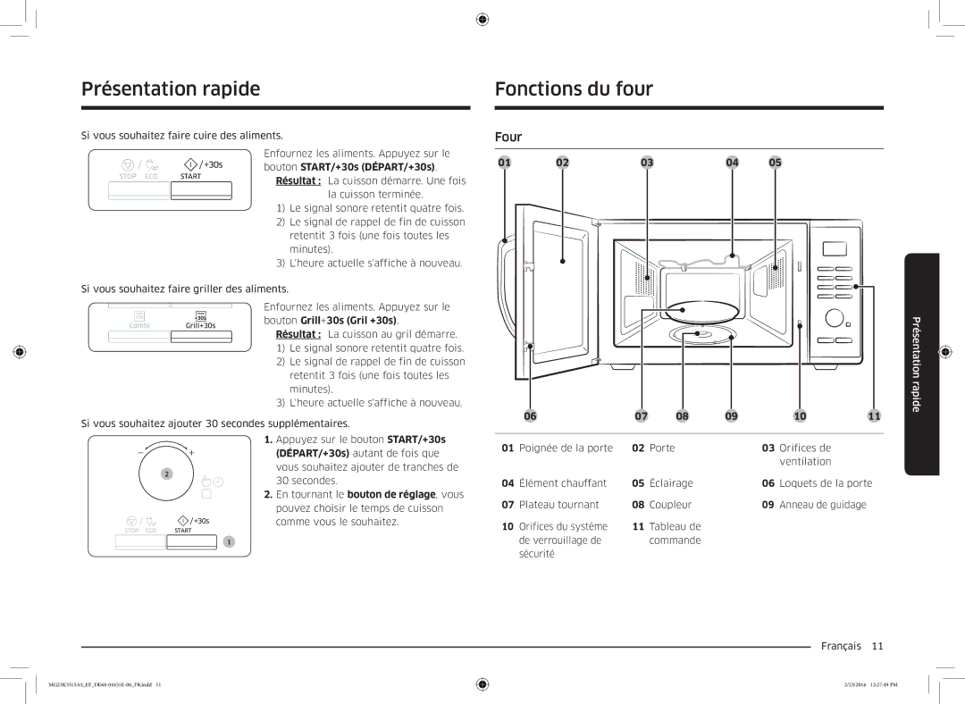 Samsung MG23K3515AW/EF, MG23K3575AK/EF Présentation rapide, Fonctions du four, Four, Poignée de la porte Porte Orifices de 