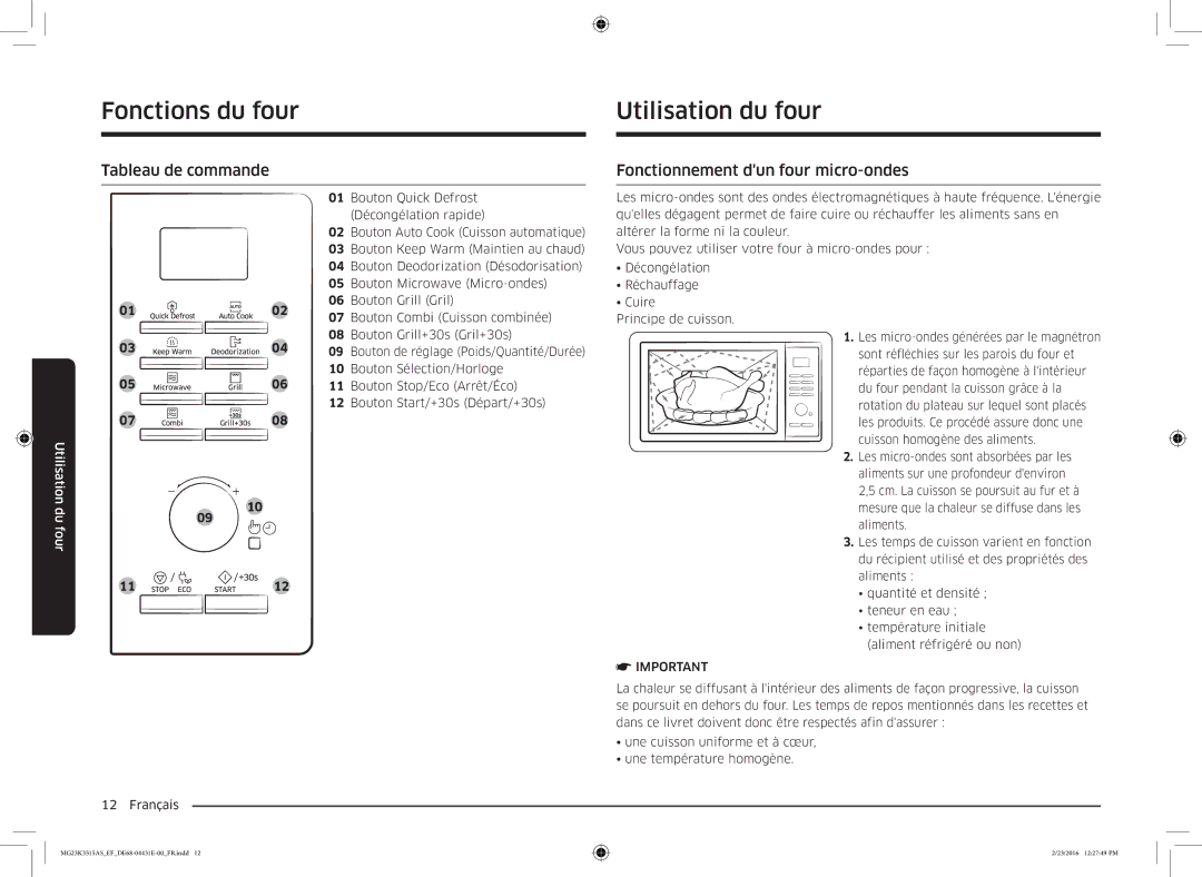 Samsung MG23K3575AK/EF, MG23K3515AK/EF manual Utilisation du four, Tableau de commande, Fonctionnement dun four micro-ondes 