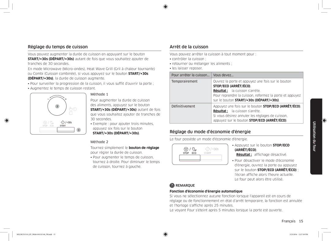 Samsung MG23K3515AW/EF manual Réglage du temps de cuisson, Arrêt de la cuisson, Réglage du mode déconomie dénergie 