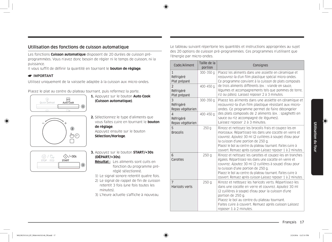 Samsung MG23K3515AK/EF, MG23K3575AK/EF Utilisation des fonctions de cuisson automatique, Cuisson automatique, De réglage 