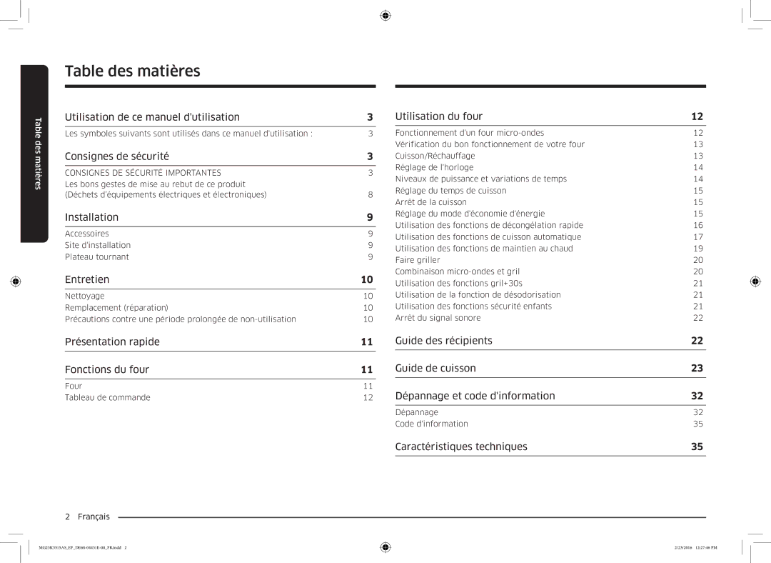 Samsung MG23K3575AW/EF, MG23K3575AK/EF, MG23K3515AK/EF, MG23K3515AW/EF manual Table des matières 