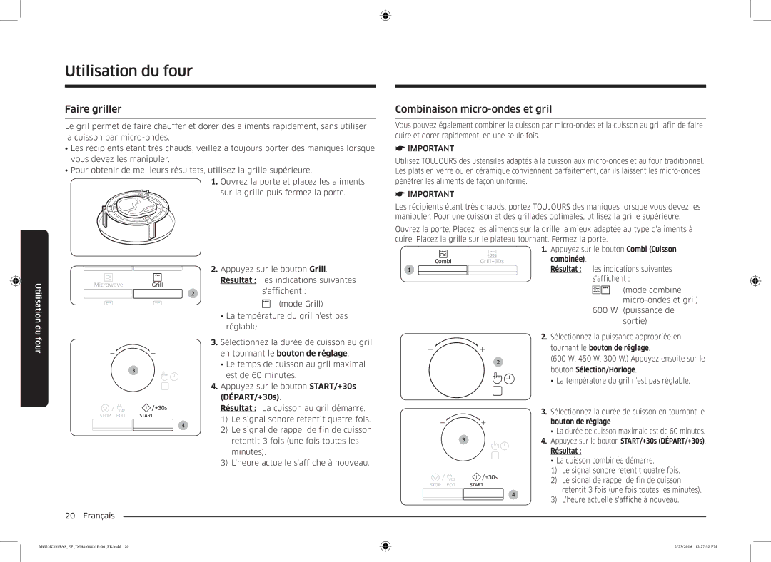 Samsung MG23K3575AK/EF manual Faire griller, Combinaison micro-ondes et gril, En tournant le bouton de réglage, Combinée 