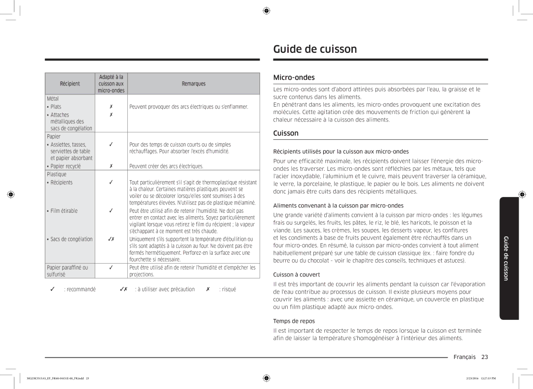 Samsung MG23K3515AW/EF, MG23K3575AK/EF, MG23K3515AK/EF, MG23K3575AW/EF manual Guide de cuisson, Micro-ondes, Cuisson 