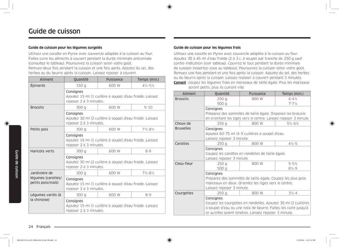 Samsung MG23K3575AK/EF, MG23K3515AK/EF Guide de cuisson pour les légumes surgelés, Guide de cuisson pour les légumes frais 