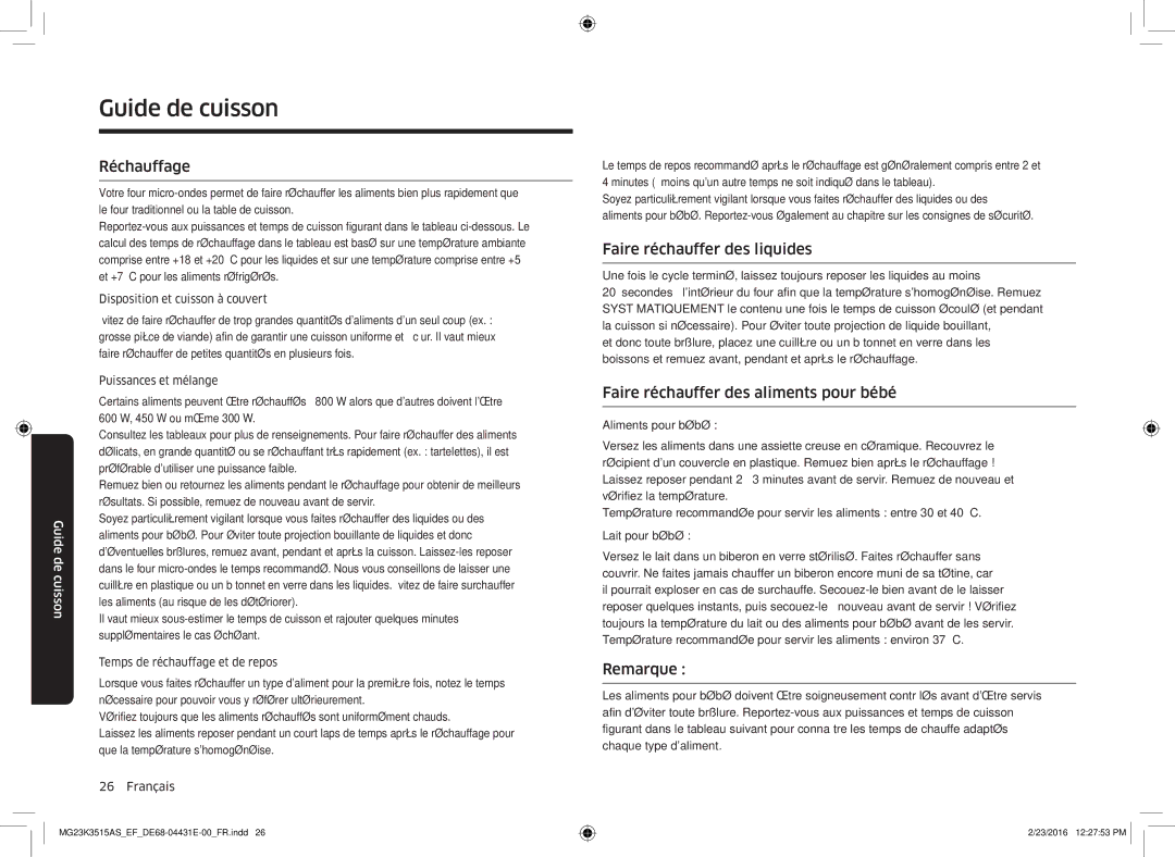 Samsung MG23K3575AW/EF manual Réchauffage, Faire réchauffer des liquides, Faire réchauffer des aliments pour bébé, Remarque 