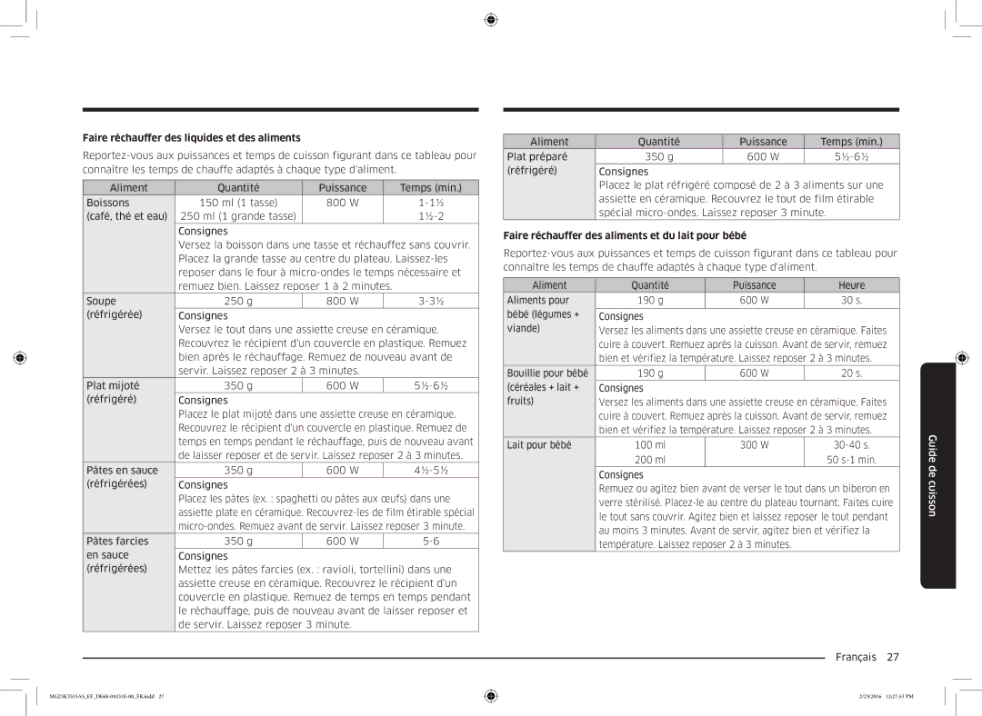 Samsung MG23K3515AW/EF Faire réchauffer des liquides et des aliments, Faire réchauffer des aliments et du lait pour bébé 