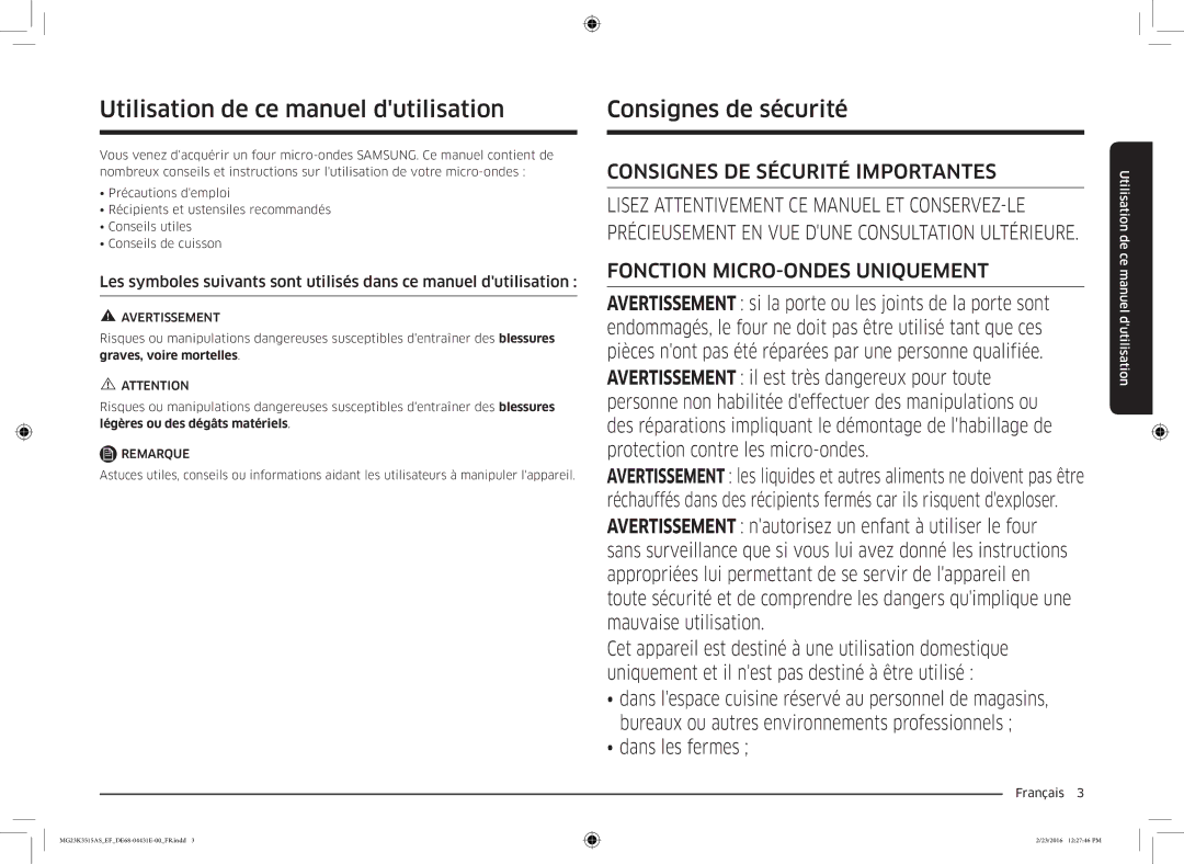 Samsung MG23K3515AW/EF, MG23K3575AK/EF, MG23K3515AK/EF manual Utilisation de ce manuel dutilisation, Consignes de sécurité 