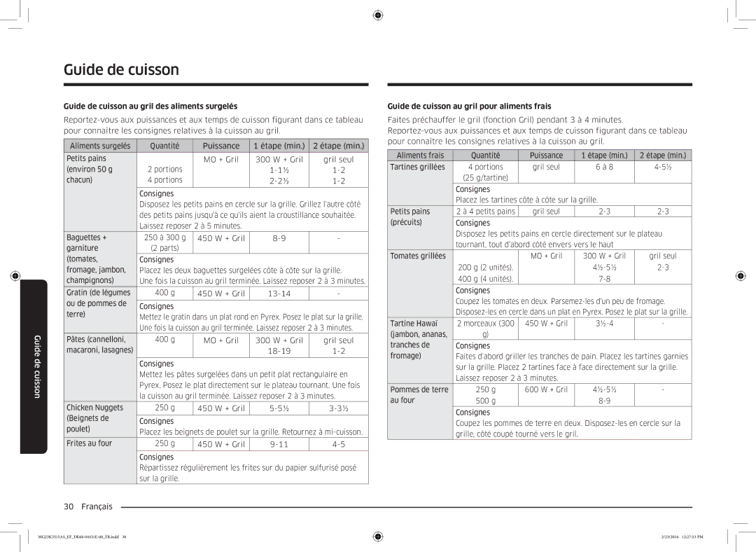Samsung MG23K3575AW/EF manual Guide de cuisson au gril des aliments surgelés, Guide de cuisson au gril pour aliments frais 
