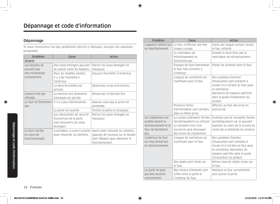 Samsung MG23K3575AK/EF, MG23K3515AK/EF, MG23K3575AW/EF, MG23K3515AW/EF manual Dépannage et code dinformation 