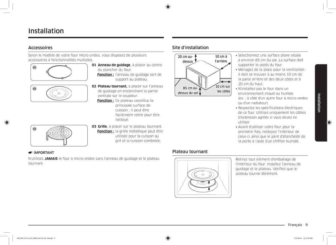 Samsung MG23K3515AK/EF, MG23K3575AK/EF, MG23K3575AW/EF manual Installation, Accessoires Site dinstallation, Plateau tournant 
