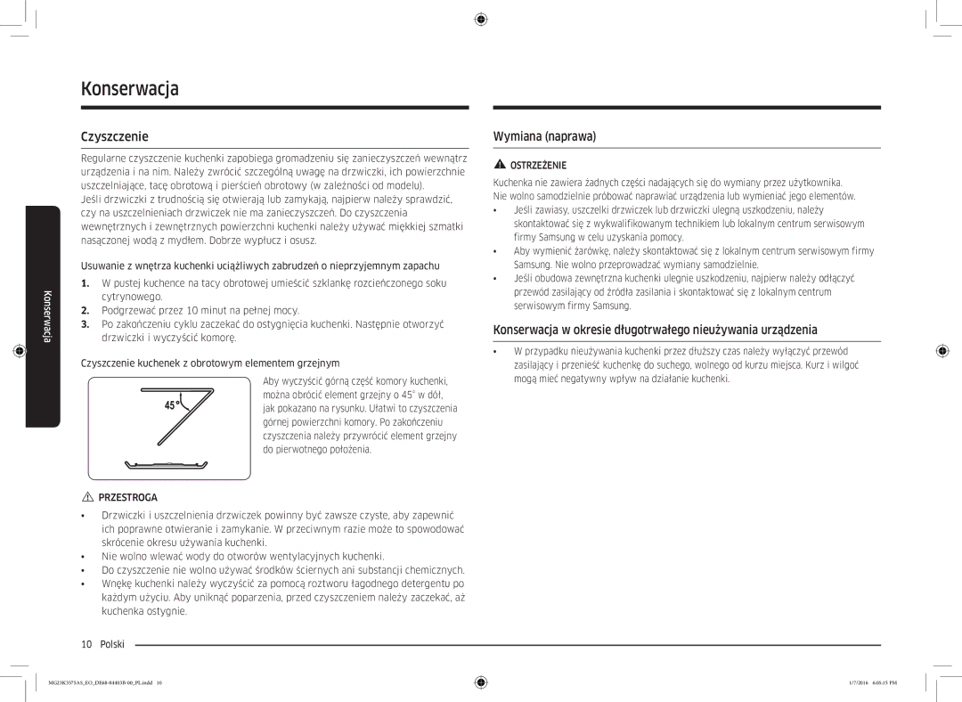 Samsung MG23K3575AS/EO, MG23K3575AK/EF manual Konserwacja, Czyszczenie, Wymiana naprawa 