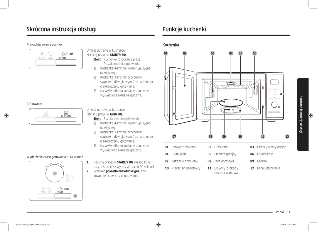 Samsung MG23K3575AK/EF manual Skrócona instrukcja obsługi Funkcje kuchenki, Kuchenka, Przygotowywanie posiłku Grillowanie 