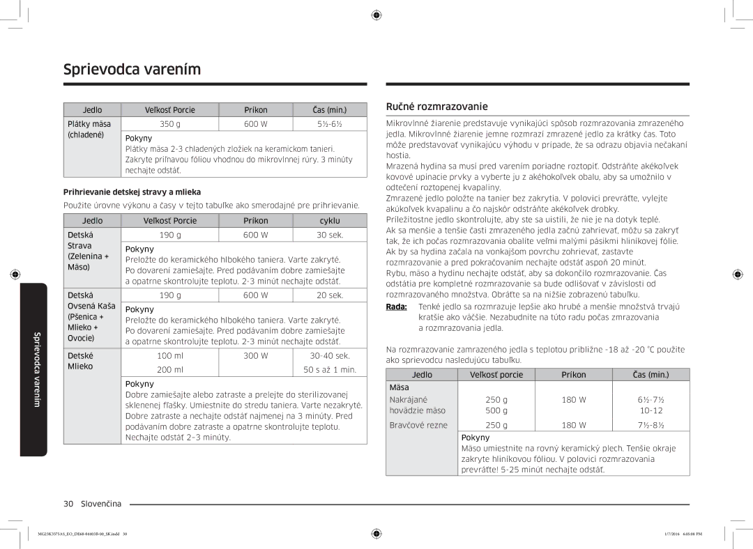 Samsung MG23K3575AS/EO, MG23K3575AK/EF manual Ručné rozmrazovanie, Prihrievanie detskej stravy a mlieka 