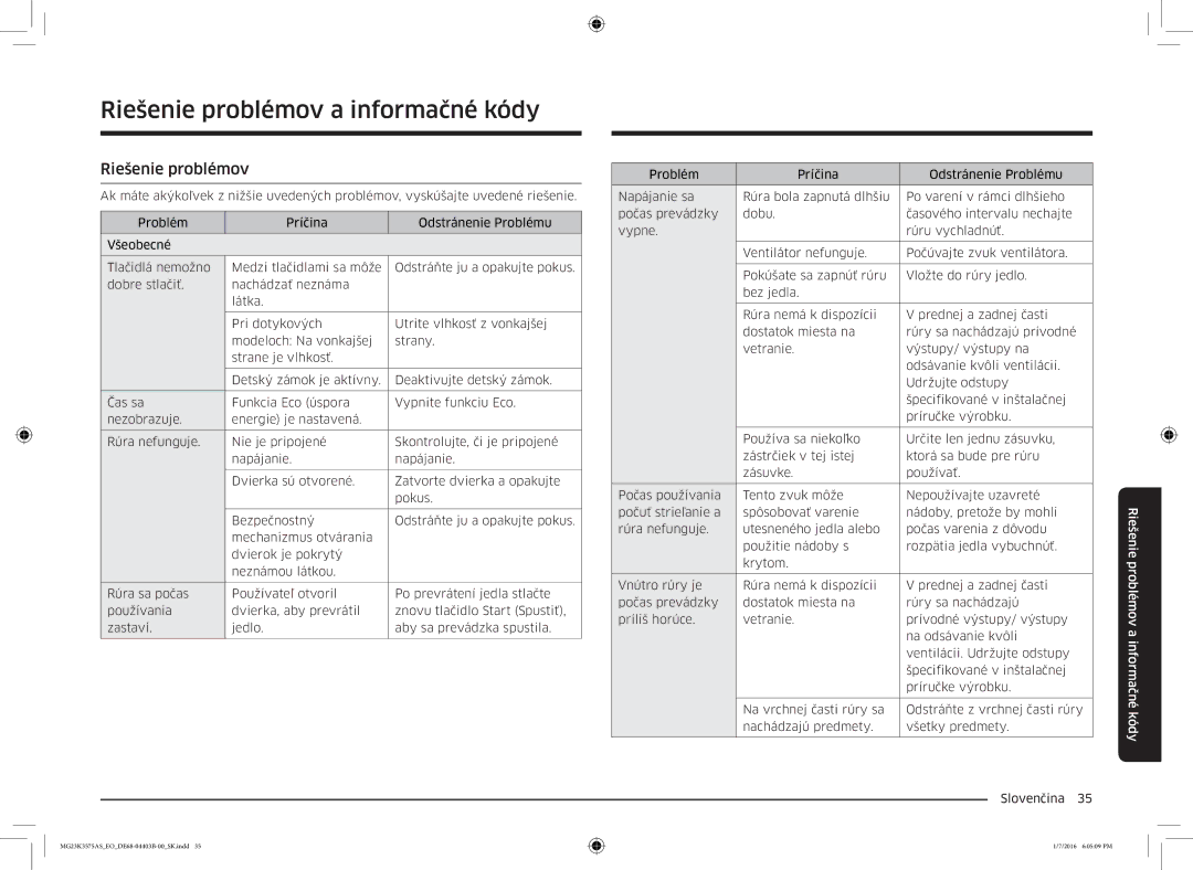 Samsung MG23K3575AK/EF, MG23K3575AS/EO manual Riešenie problémov a informačné kódy 