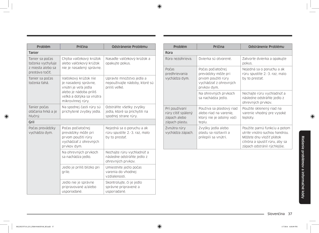 Samsung MG23K3575AK/EF, MG23K3575AS/EO manual Riešenie problémov a informačné kódy 