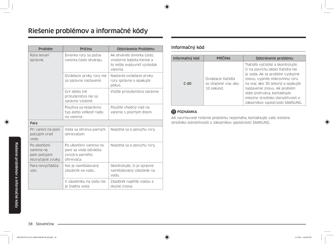 Samsung MG23K3575AS/EO manual Informačný kód, Príčina, Tlačidlá vyčistite a skontrolujte, Či na povrchu okolo tlačidla nie 