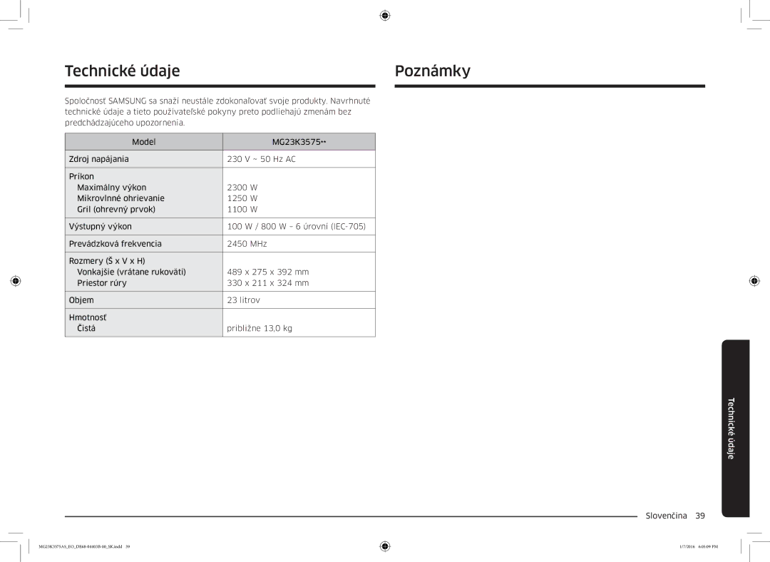 Samsung MG23K3575AK/EF, MG23K3575AS/EO manual Technické údaje Poznámky 