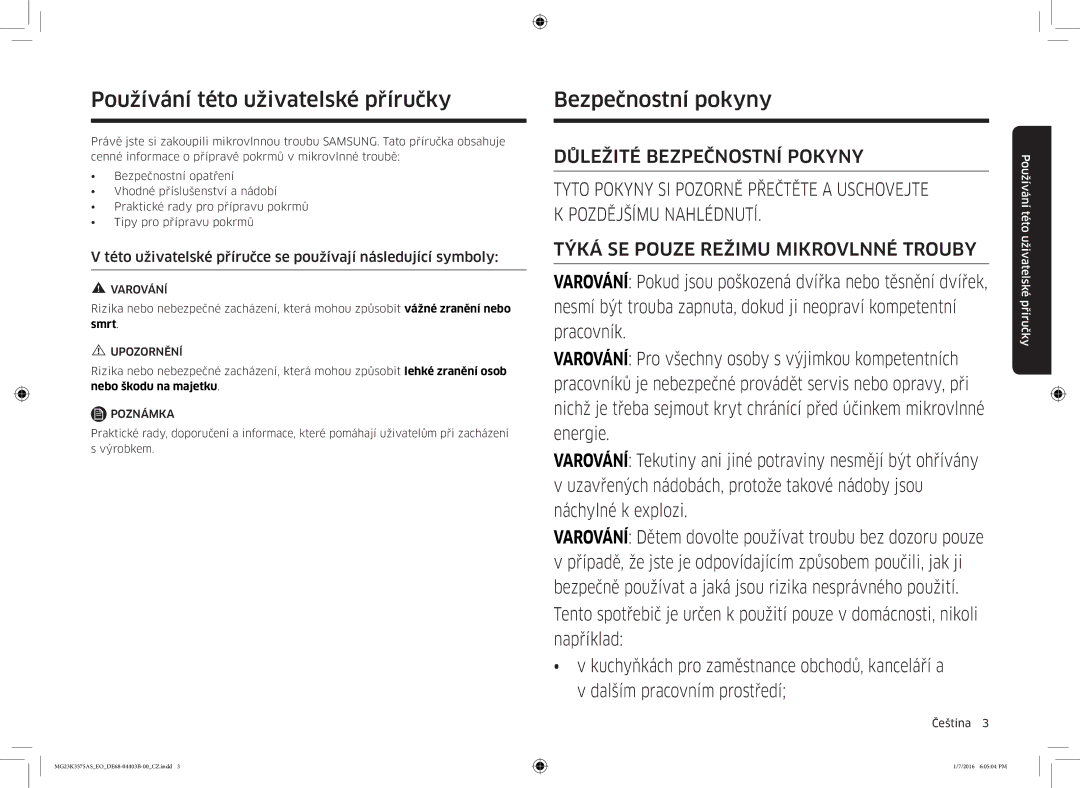 Samsung MG23K3575AK/EF, MG23K3575AS/EO manual Používání této uživatelské příručky, Bezpečnostní pokyny, Varování, Upozornění 