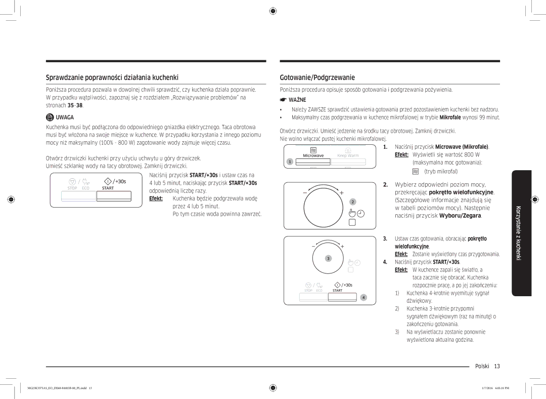 Samsung MG23K3575AK/EF, MG23K3575AS/EO Sprawdzanie poprawności działania kuchenki, Gotowanie/Podgrzewanie, Wielofunkcyjne 