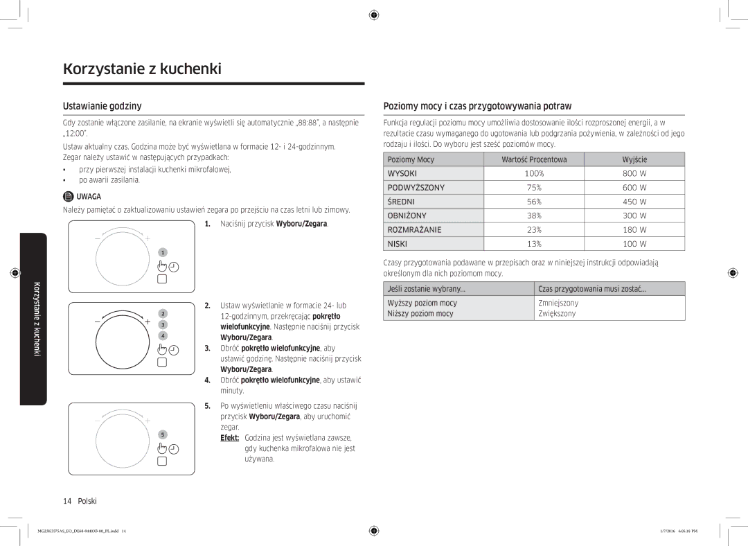 Samsung MG23K3575AS/EO, MG23K3575AK/EF manual Ustawianie godziny, Poziomy mocy i czas przygotowywania potraw 