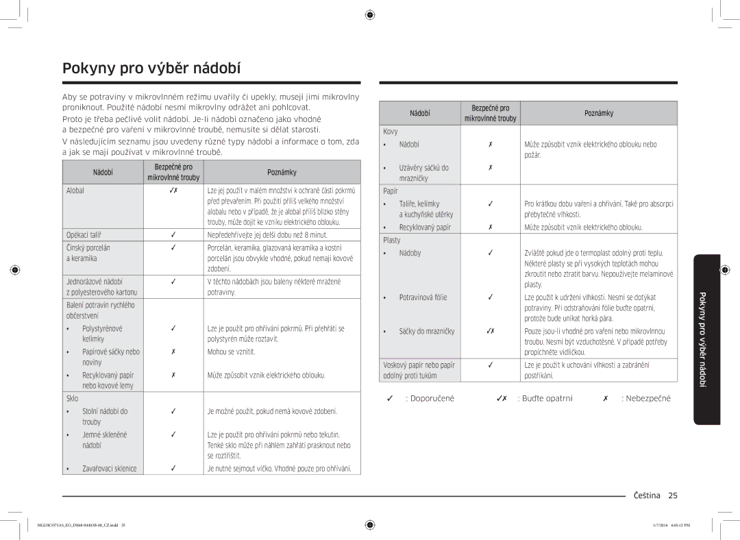 Samsung MG23K3575AK/EF, MG23K3575AS/EO manual Pokyny pro výběr nádobí 
