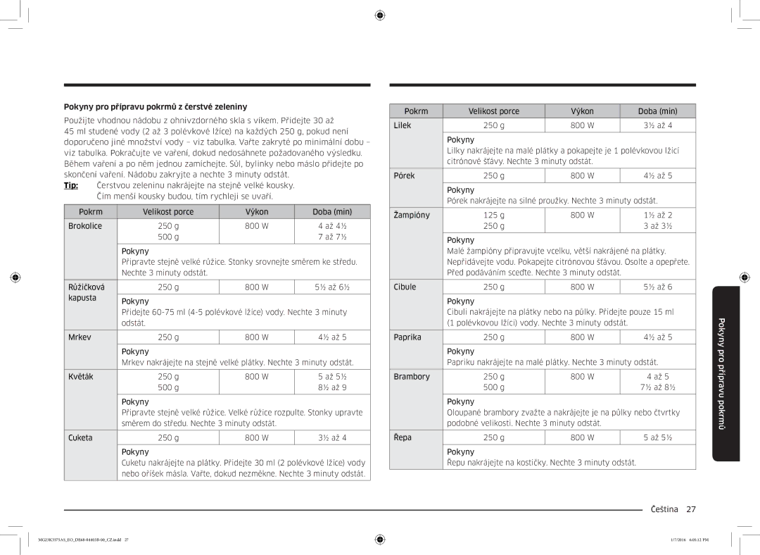 Samsung MG23K3575AK/EF, MG23K3575AS/EO manual Pokyny pro přípravu pokrmů z čerstvé zeleniny 