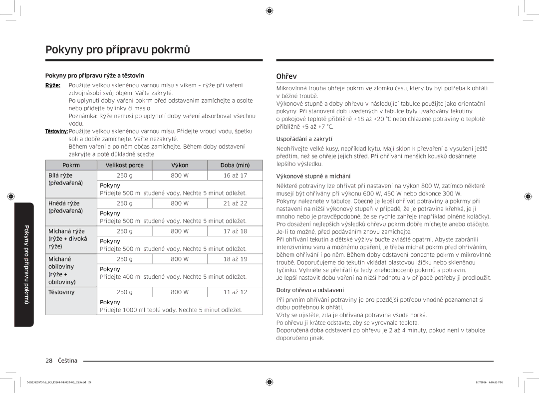 Samsung MG23K3575AS/EO, MG23K3575AK/EF manual Ohřev, Pokyny pro přípravu rýže a těstovin 