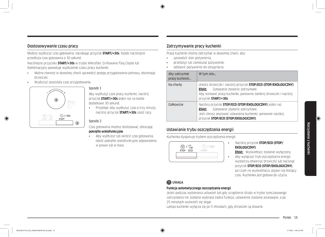 Samsung MG23K3575AK/EF Dostosowywanie czasu pracy, Zatrzymywanie pracy kuchenki, Ustawianie trybu oszczędzania energii 