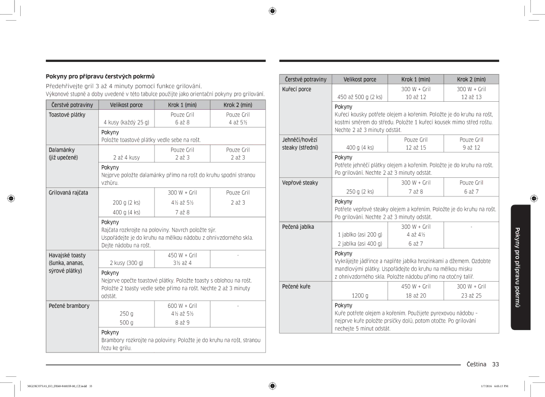 Samsung MG23K3575AK/EF, MG23K3575AS/EO manual Pokyny pro přípravu čerstvých pokrmů 