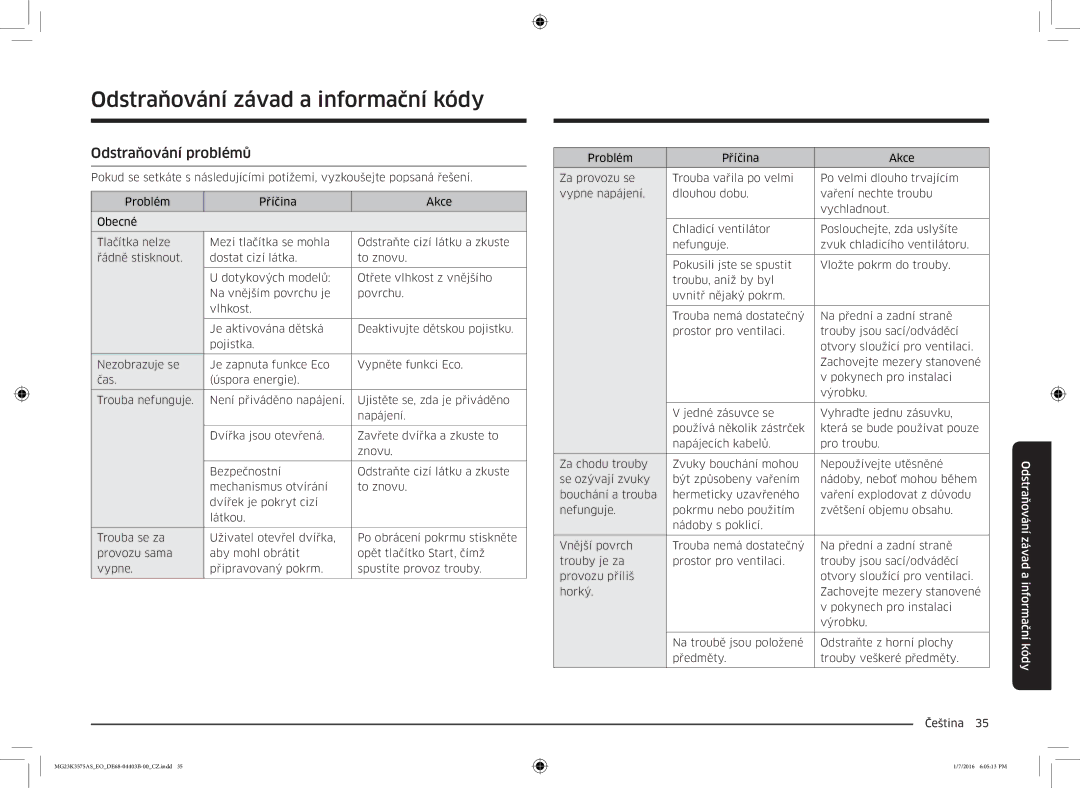 Samsung MG23K3575AK/EF, MG23K3575AS/EO manual Odstraňování závad a informační kódy, Odstraňování problémů 