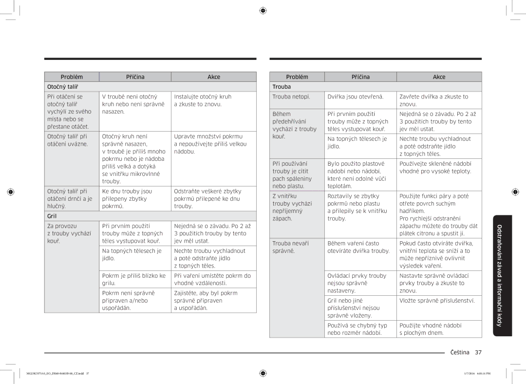 Samsung MG23K3575AK/EF, MG23K3575AS/EO manual Odstraňování závad a informační kódy 
