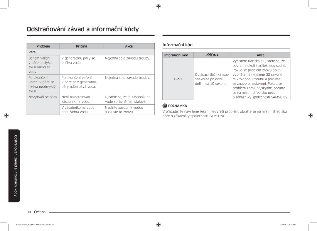 Samsung MG23K3575AS/EO, MG23K3575AK/EF manual Informační kód, Příčina 