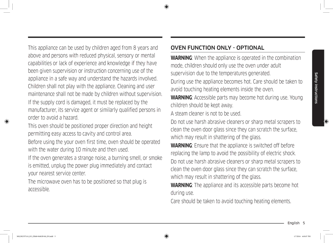 Samsung MG23K3575AK/EF, MG23K3575AS/EO manual Oven Function only Optional 