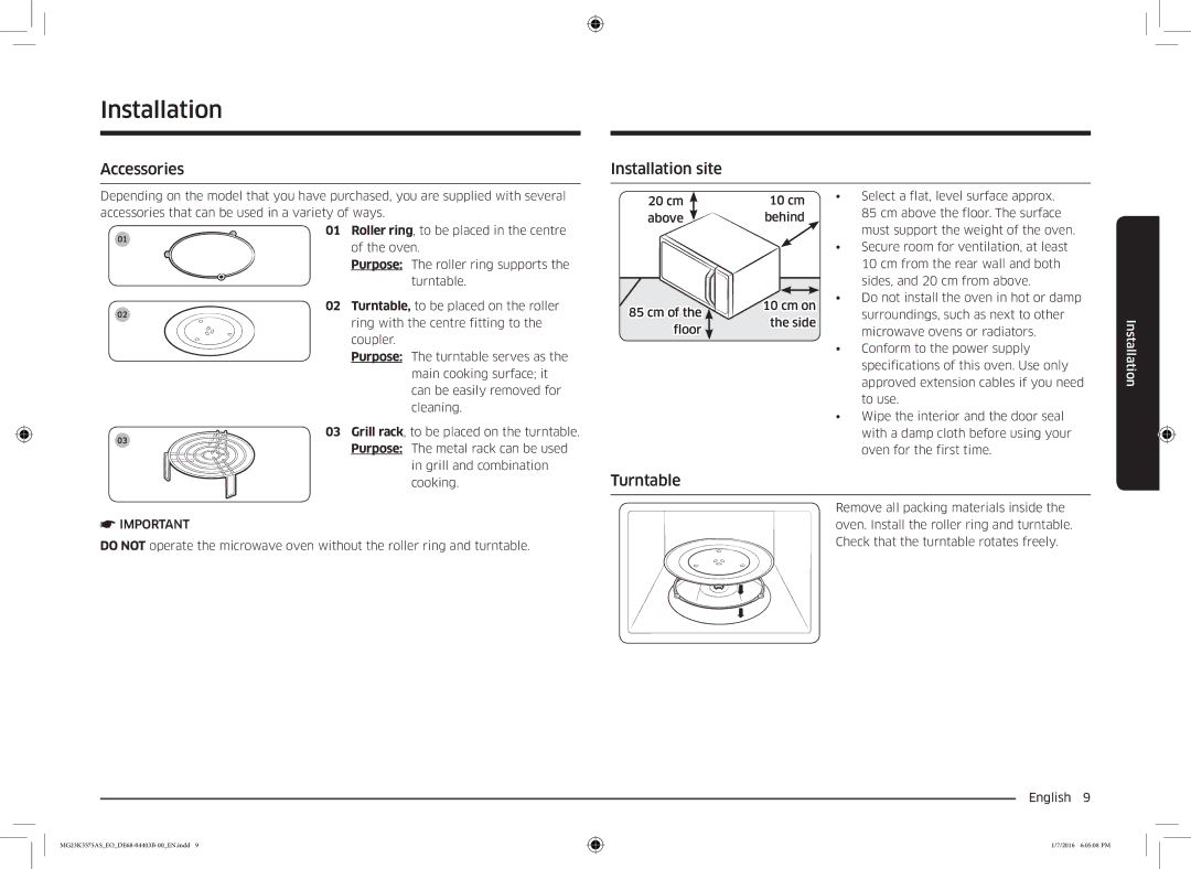 Samsung MG23K3575AK/EF, MG23K3575AS/EO manual Accessories, Installation site, Turntable 