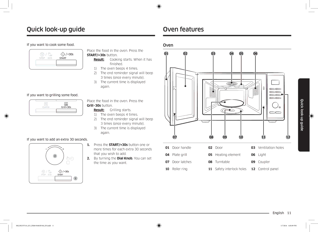 Samsung MG23K3575AK/EF, MG23K3575AS/EO manual Quick look-up guide, Oven features, Door handle Ventilation holes 