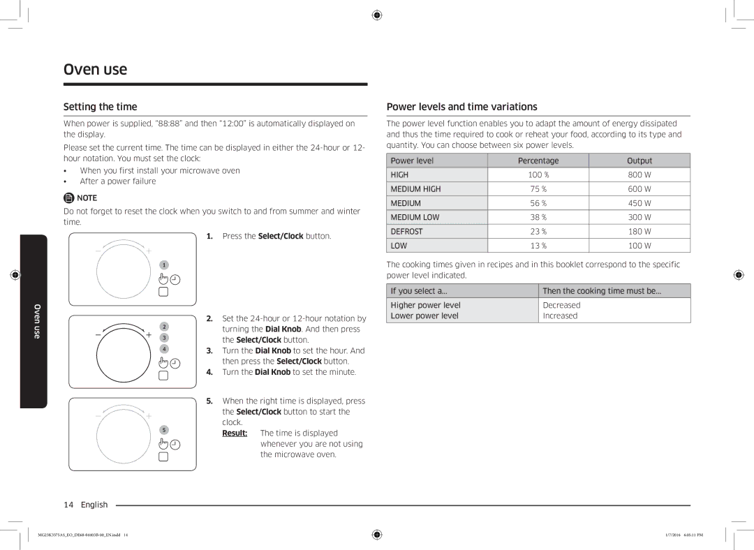 Samsung MG23K3575AS/EO, MG23K3575AK/EF manual Setting the time, Power levels and time variations 